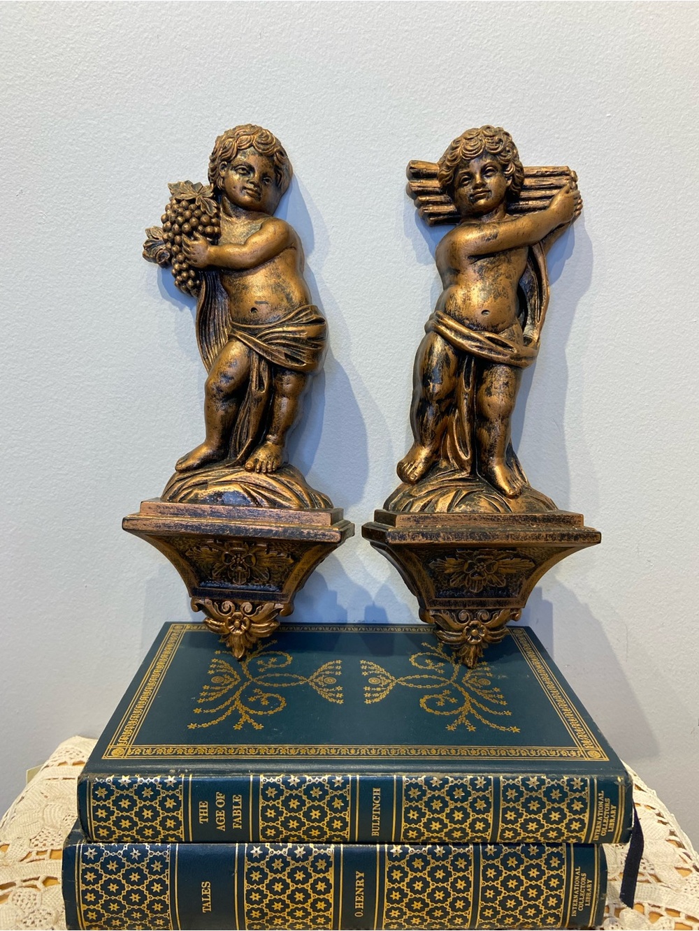 Pair of Coppertone Dart Industries Hanging Cherubs Wall Decor Hard Plastic